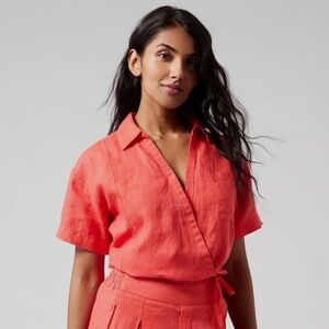 NWT ATHLETA Playa Linen Wrap Tie Top Cropped Short Sleeve Coral Sz M or L
